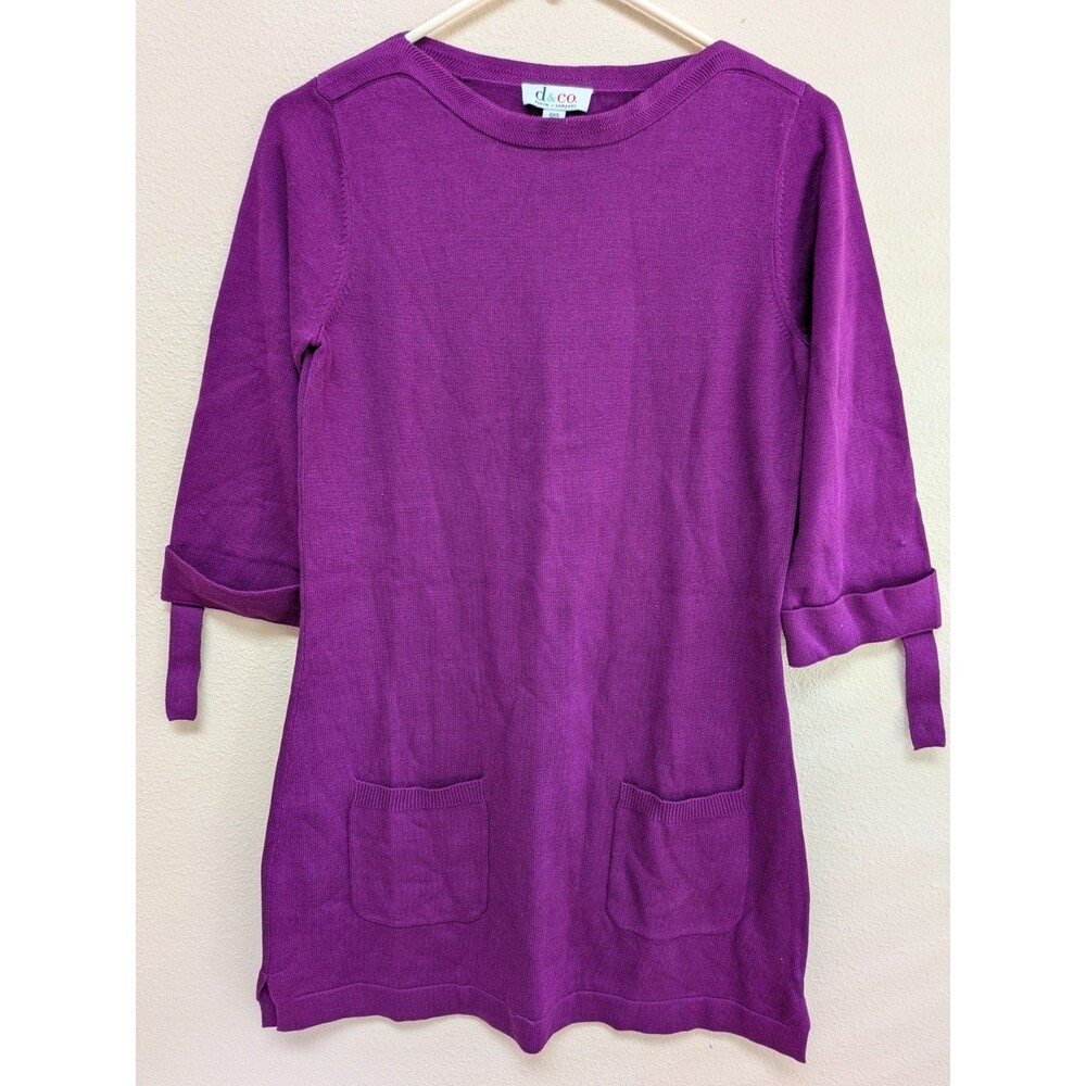 Denim & Co  Purple Sweater Tunic XS 3/4 Tab Sleeves Front Pockets
